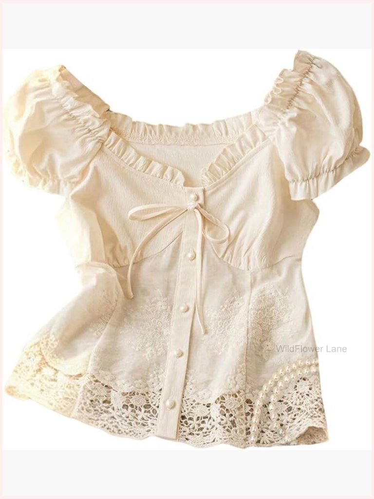 Sweetheart Neck Frill Bow Tie Blouse Puff Sleeve Floral Embroidery Button Down